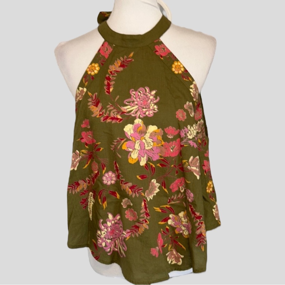 Free People Emily Floral Handkerchief Halter Top Womens Small Mossy Green NWT - Picture 2 of 8